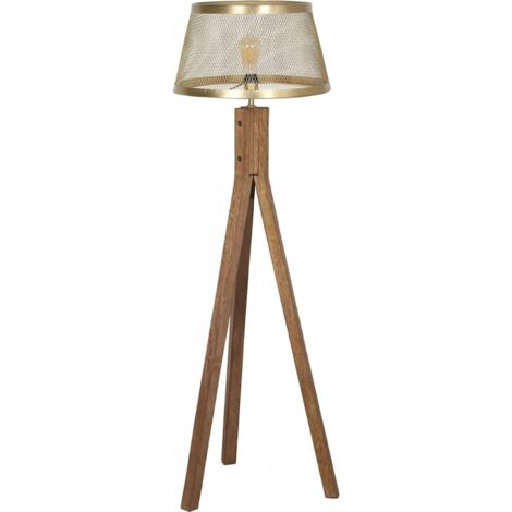 Lampadaire trépied en bois de manguier abat jour doré élégant - Bois naturel et doré