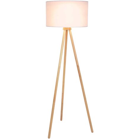 Lampadaire trépied led en bois 145 cm diamètre 45 cm max 60 watts abat jour blanc style moderne scandinave luminaire lampe sur pied pour salon - Blanc