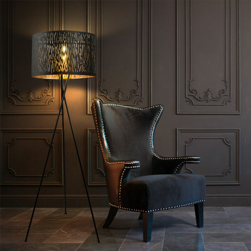 Lampadaire tripode lampe de salon or noir 3 pieds lampadaire chambre, textile métal, 1x E27, DxH 62x160 cm