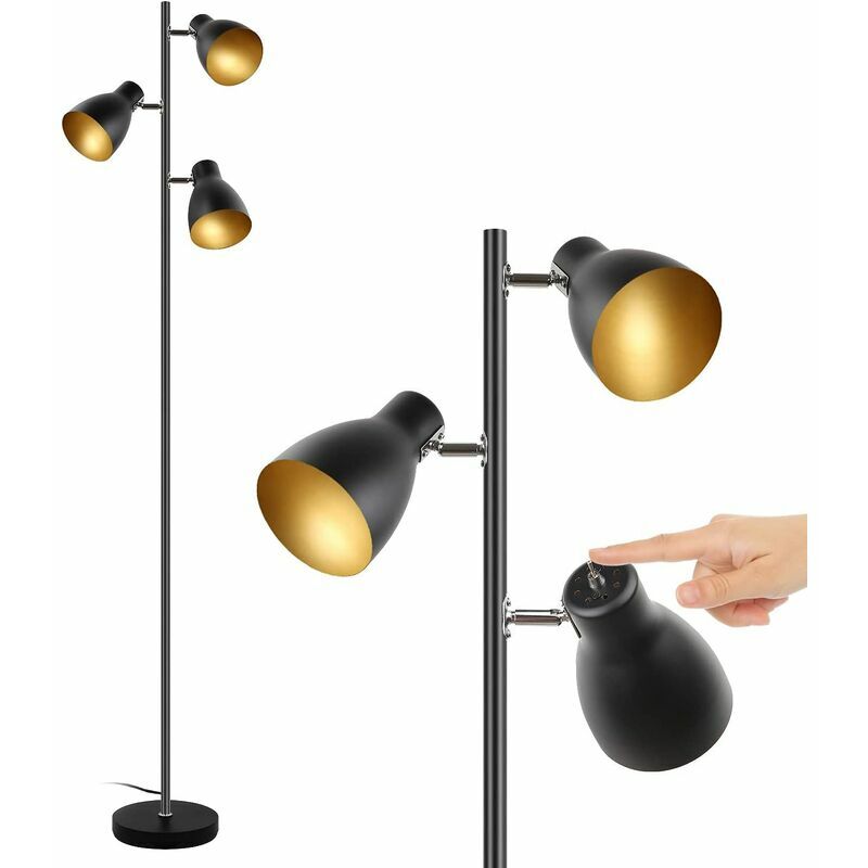 Monly - lampadaire vintage, 3 spots orientables,Interrupteur de commande indépendant , lampe à pied design rétro, ampoules E14 led ou halogène,