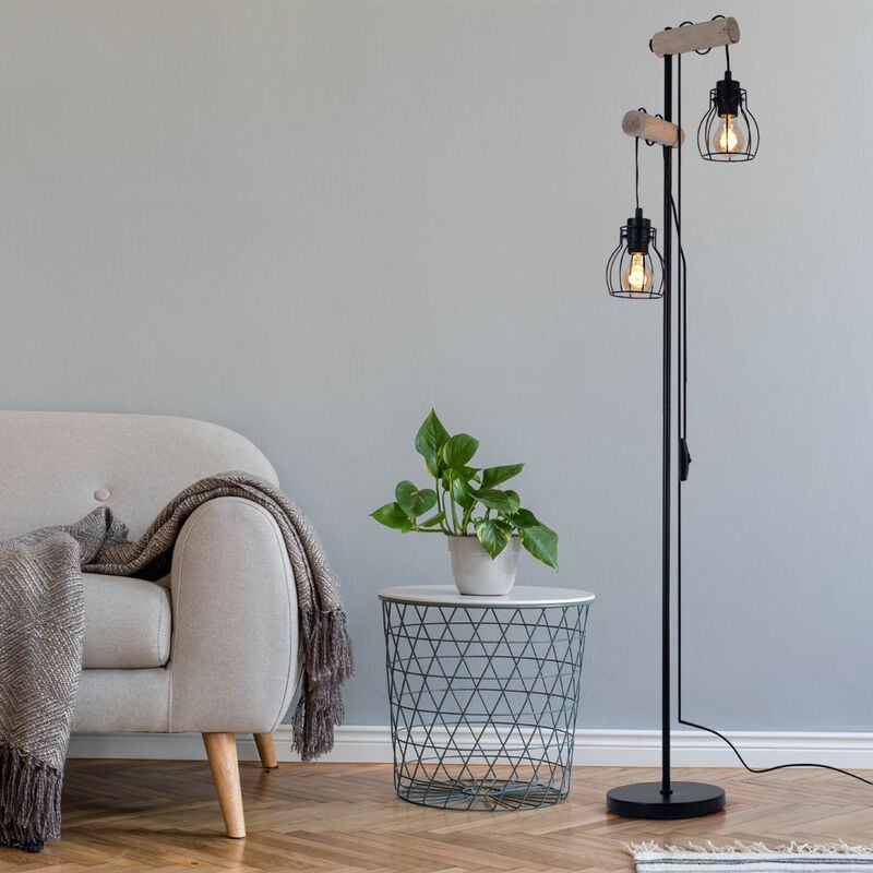 Lampadaire vintage bois lampadaire design industriel lampadaire rétro, réglable en hauteur avec abat-jour filaire, métal noir, 2x douilles E27, LxlxH