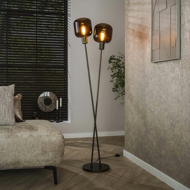 Lampadaire vintage verre – 2 abat–jour croisés bronze NOVA Lampadaire vintage verre – 2 abat–jour croisés bronze NOVA