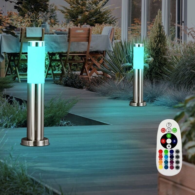 Lot de 2 éclairages d'extérieur en acier inoxydable sur pied, lampes télécommandées à intensité variable dans un ensemble comprenant des lampes led