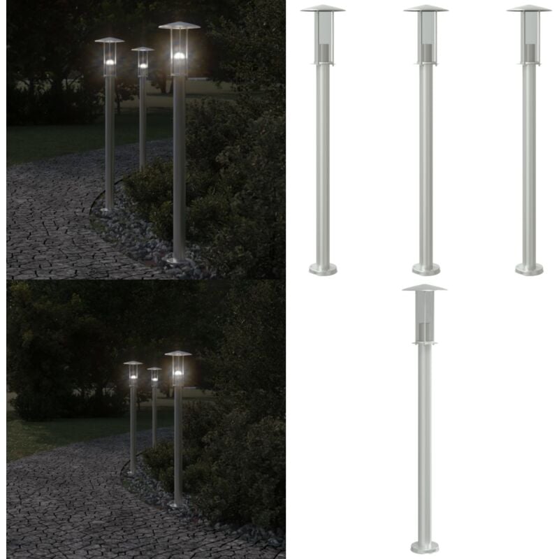 Lampadaires d'extérieur 3 pcs argenté 100 cm acier inoxydable - Lampadaire Exterieur - Éclairage Extérieur - Luminaire Extérieur - Lampe De Terrasse