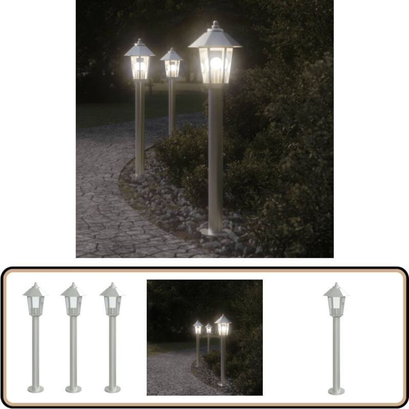 Lampadaires d'extérieur 3 pcs argenté 80 cm acier inoxydable - Lampadaire Exterieur - Éclairage Extérieur - Luminaire Extérieur - Lampe De Jardin