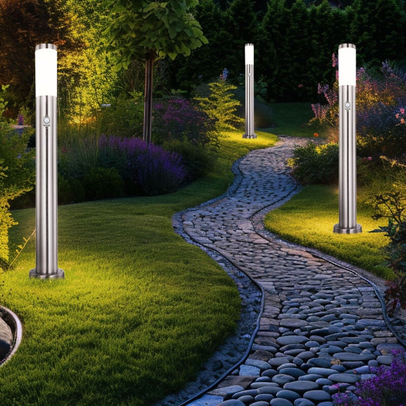 Lampadaires d'extérieur en acier inoxydable avec détecteur de mouvement, lampadaire, lampadaire, lampe de chemin, argent, h 110 cm, lot de 3
