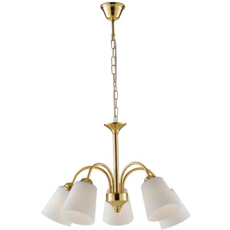 "Lampadario 1162 in metallo oro con cinque diffusori in vetro"
