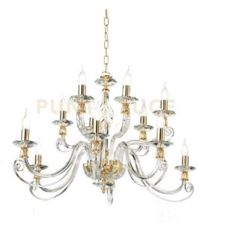 LAMPADARIO 1306 12 LUCI TRASPARENTE E ORO ATTACCO E14 D.100CM
