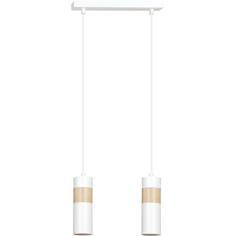 Lampadario 2 Luci Change In Acciaio Bianco A Cilindro Con Legno Naturale