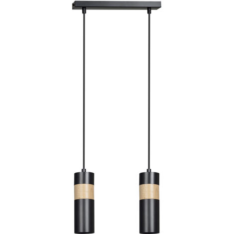 Lampadario 2 Luci Change In Acciaio Nero A Cilindro Con Legno Naturale