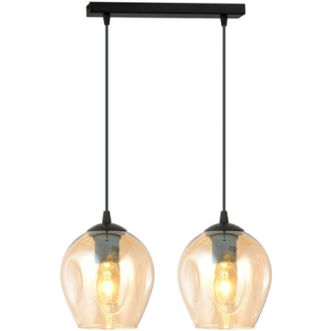 Lampadario 2 Luci Fuxi In Acciaio Nero E Vetro Ambra