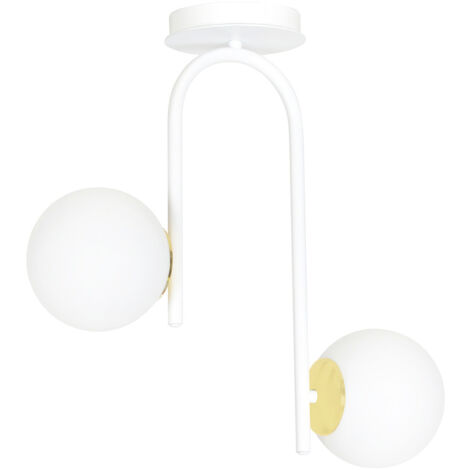 Lampadario 2 Luci Kalf In Acciaio Bianco A Bracci E Sfere In Vetro Opalino E Oro