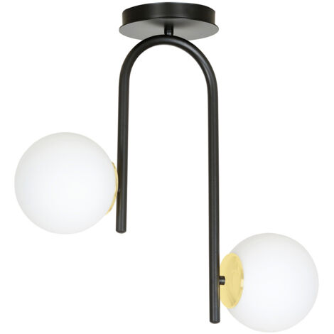 Lampadario 2 Luci Kalf In Acciaio Nero A Bracci E Sfere In Vetro Opalino E Oro