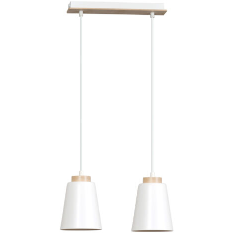 Lampadario 2 Luci Lancillotto Con Paralumi A Cono In Acciaio Bianco E Legno Naturale