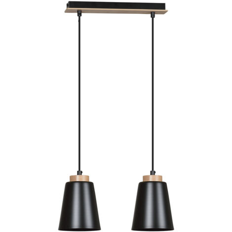 Lampadario 2 Luci Lancillotto Con Paralumi A Cono In Acciaio Nero E Legno Naturale