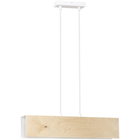 Lampadario 2 Luci Merlino In Acciaio Bianco Corpo Rettangolare E Legno Naturale