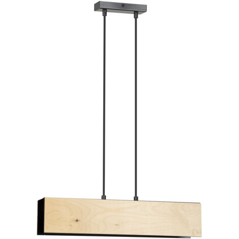 Lampadario 2 Luci Merlino In Acciaio Nero Corpo Rettangolare E Legno Naturale