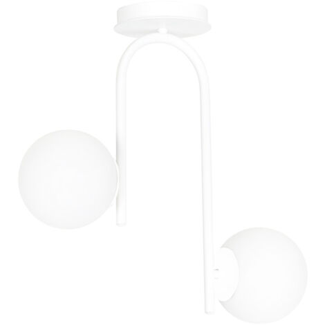 Lampadario 2 Luci Rama In Acciaio Bianco A Bracci E Sfere In Vetro Opalino