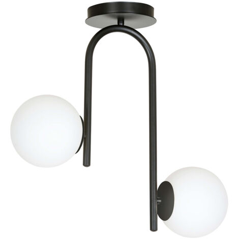 Lampadario 2 Luci Rama In Acciaio Nero A Bracci E Sfere In Vetro Opalino