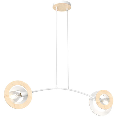 Lampadario 2 Luci Rea Acciaio Bianco Legno Naturale E Diffusori Doppio Cerchio