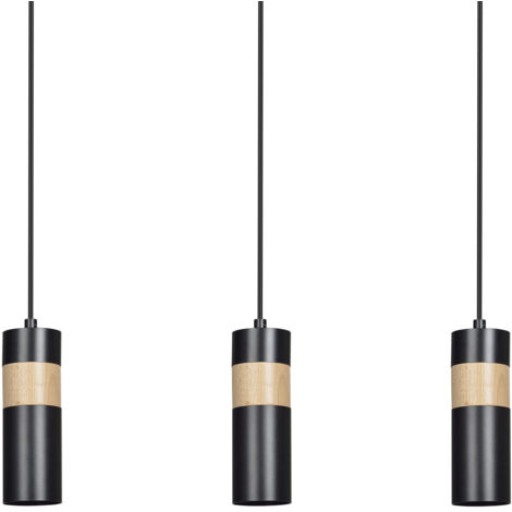 Lampadario 3 Luci Change In Acciaio Nero A Cilindro Con Legno Naturale