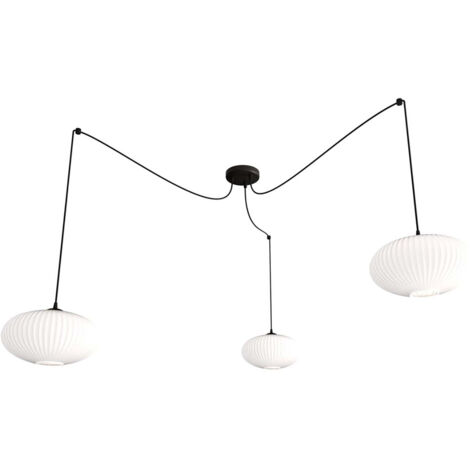 Lampadario 3 Luci Elios In Acciaio Nero Paralume Plissettato Bianco
