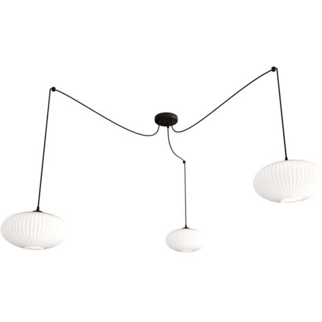 Lampadario 3 Luci Elios In Acciaio Nero Paralume Plissettato Bianco