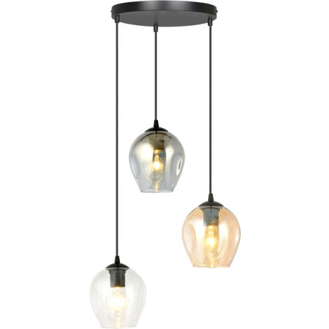 Lampadario 3 Luci Fuxi Base Tonda Acciaio Nero E Vetri Ambra Trasparente E Fumè