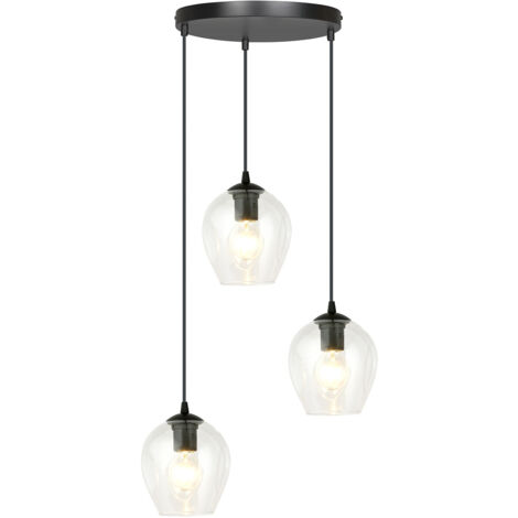Lampadario 3 Luci Fuxi Base Tonda In Acciaio Nero E Vetri Trasparente