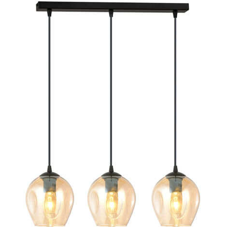 Lampadario 3 Luci Fuxi In Acciaio Nero E Vetri Ambra