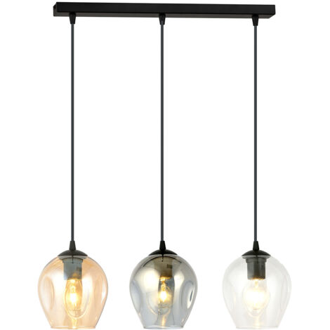 Lampadario 3 Luci Fuxi In Acciaio Nero E Vetri Ambra, Trasparente E Fumè