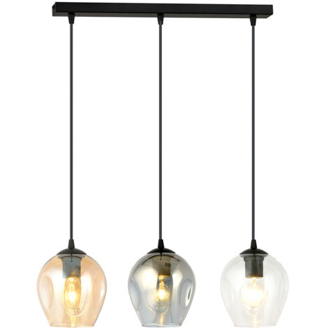 Lampadario 3 Luci Fuxi In Acciaio Nero E Vetri Ambra, Trasparente E Fumè