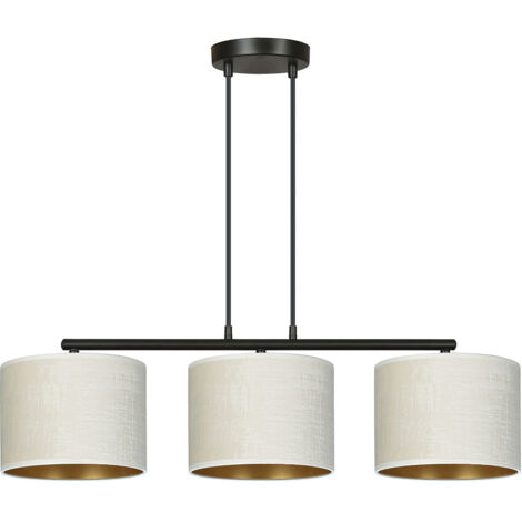 Lampadario 3 Luci Ganesha In Acciaio Nero E Paralumi In Tessuto Beige