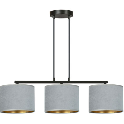 Lampadario 3 Luci Ganesha In Acciaio Nero E Paralumi In Tessuto Grigio