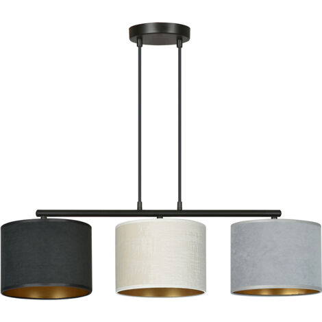 Lampadario 3 Luci Ganesha In Acciaio Nero E Paralumi In Tessuto Multicolore