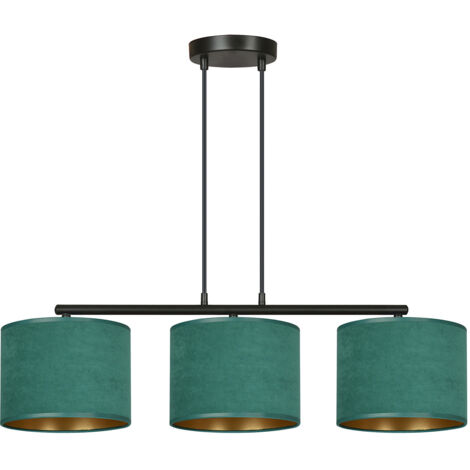 Lampadario 3 Luci Ganesha In Acciaio Nero E Paralumi In Tessuto Verde