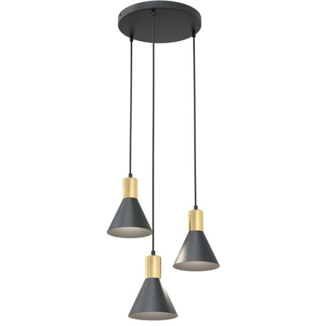 Lampadario 3 Luci Heimdall Base Tonda In Acciaio Nero E Paralumi Conici Nero E Oro