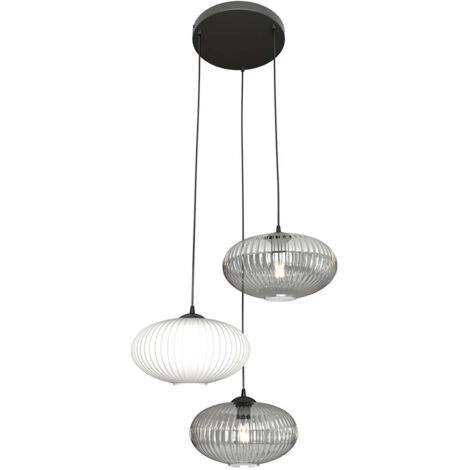 Lampadario 3 Luci Iris Base Tonda In Acciaio Nero Paralume Plissè Multicolor