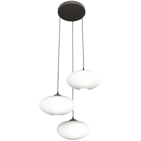 Lampadario 3 Luci Iris Base Tonda In Acciaio Nero Paralume Plissettato Bianco