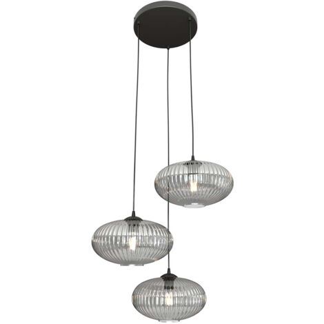 Lampadario 3 Luci Iris Base Tonda In Acciaio Nero Paralume Plissettato Fumè