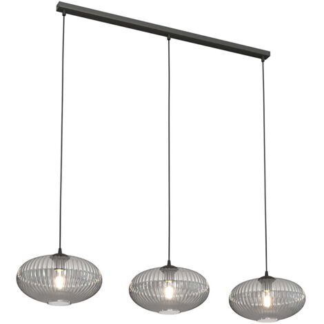 Lampadario 3 Luci Iris In Acciaio Nero Paralume Plissettato Fumè