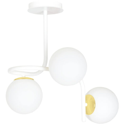 Lampadario 3 Luci Kalf In Acciaio Bianco A Bracci E Sfere In Vetro Opalino E Oro
