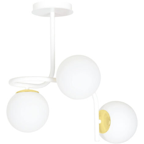 Lampadario 3 Luci Kalf In Acciaio Bianco A Bracci E Sfere In Vetro Opalino E Oro