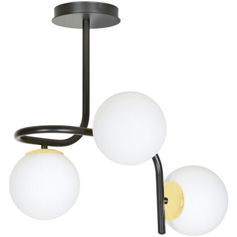 Lampadario 3 Luci Kalf In Acciaio Nero A Bracci E Sfere In Vetro Opalino E Oro