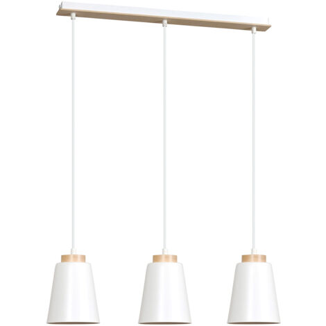 Lampadario 3 Luci Lancillotto Con Paralumi A Cono In Acciaio Bianco E Legno Naturale