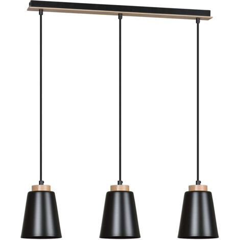 Lampadario 3 Luci Lancillotto Con Paralumi A Cono In Acciaio Nero E Legno Naturale