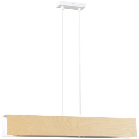 Lampadario 3 Luci Merlino In Acciaio Bianco Corpo Rettangolare E Legno Naturale