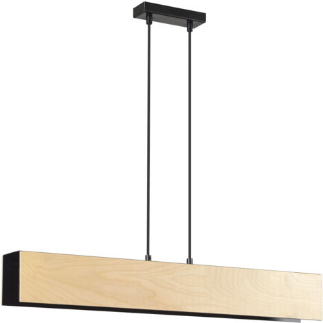 Lampadario 3 Luci Merlino In Acciaio Nero Corpo Rettangolare E Legno Naturale