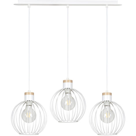 Lampadario 3 Luci Morgana Paralumi A Gabbia In Acciaio Bianco E Legno Naturale