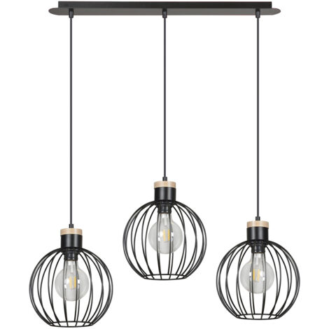 Lampadario 3 Luci Morgana Paralumi A Gabbia In Acciaio Nero E Legno Naturale